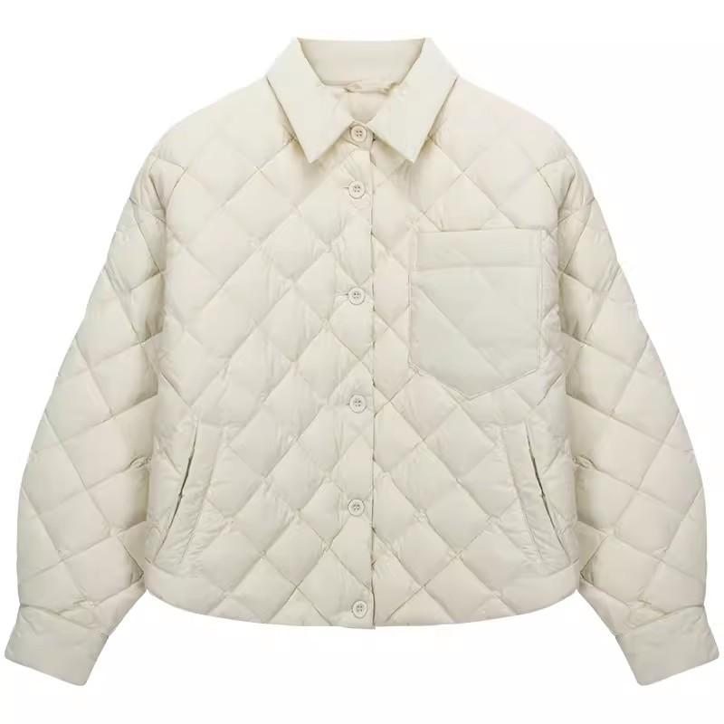 Shirt collar down jacket women's short 2024 winter light luxury fashion warm glue thin white duck down rhombus jacket tide
