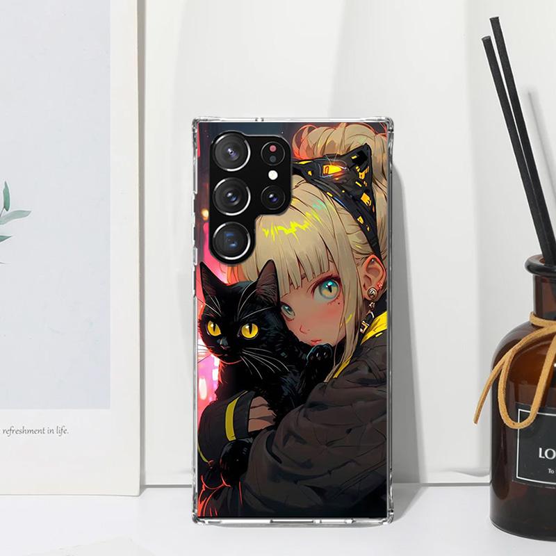 Anime Girls Cute Black Cat Phone Case For Samsung Galaxy S26 S25 Edge S24 FE S23 S22 Ultra S21 Plus S20 + Art Fundas Back Cover