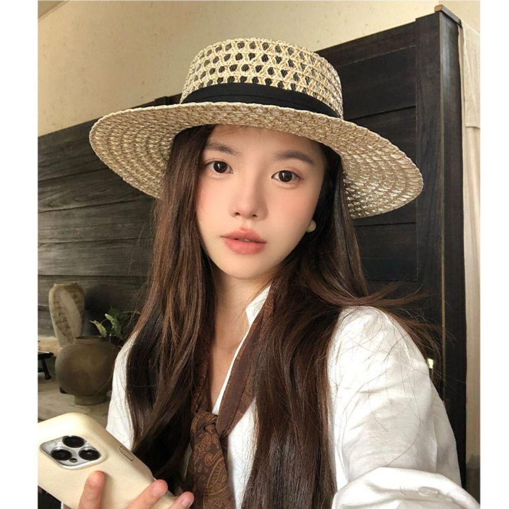 Wide Brim Straw Hat UV Protection Beach Hats French Flat Top Hat for Women
