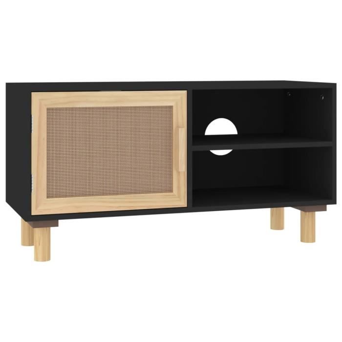 345613 vidaXL Meuble TV Noir 80x30x40 cm Bois de pin massif et rotin naturel