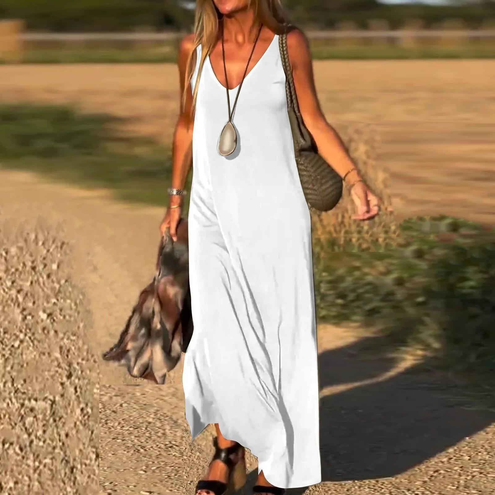 

Женские модные платья без рукавов на бретелях с V-образным вырезом, повседневные длинные XL белый
