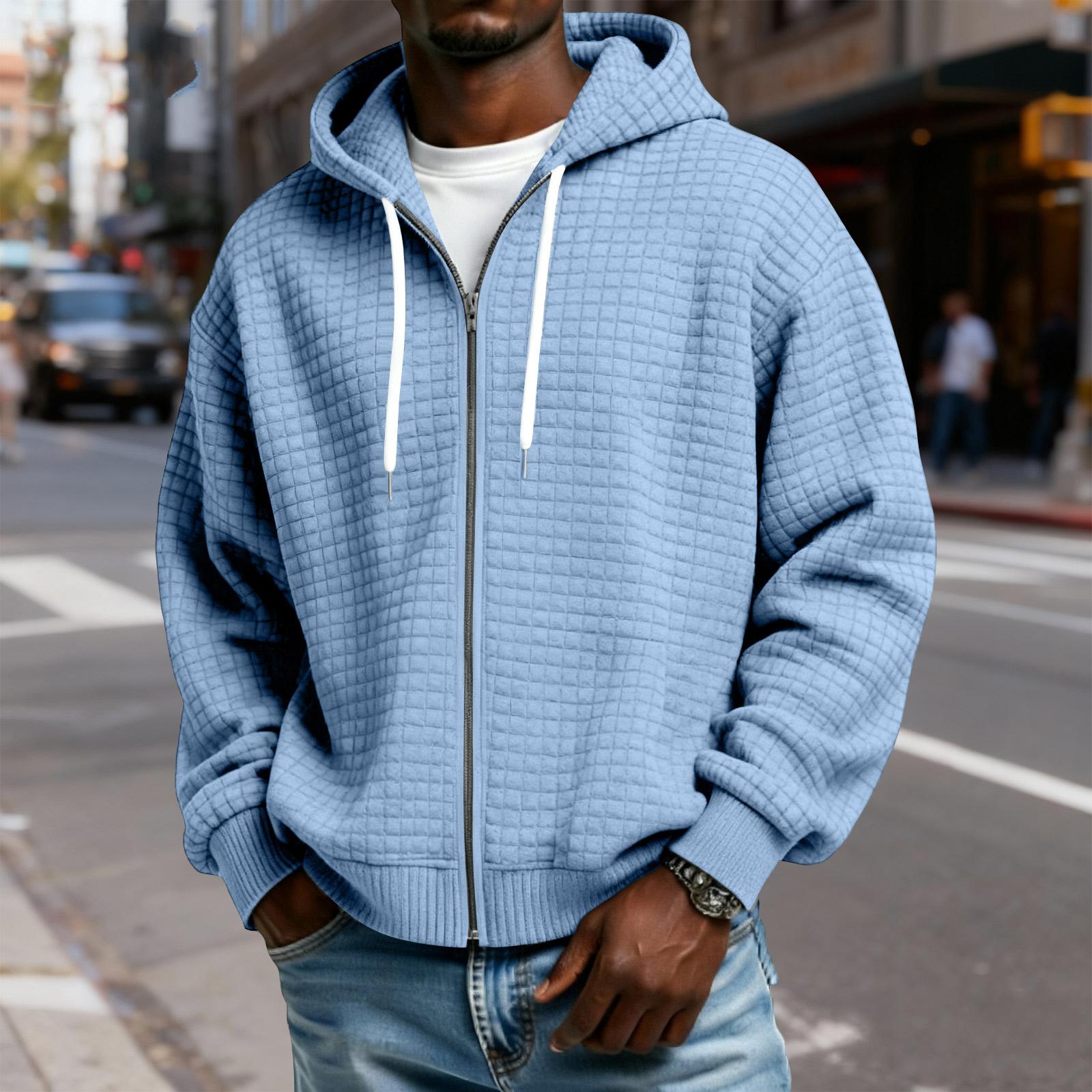 Мужская клетчатая куртка с капюшоном на молнии - Повседневная спортивная толстовка с кулиской XXL синий 2390₽