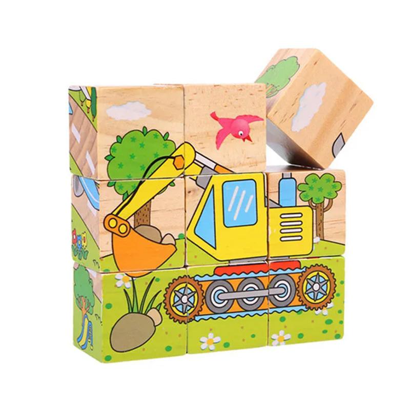 Quebra-cabeça de Madeira Seis Lados Pintados Tridimensional Trânsito Animal Quebra-cabeça Blocos de Construção Brinquedos Montessori de Educação Infantil TMZ