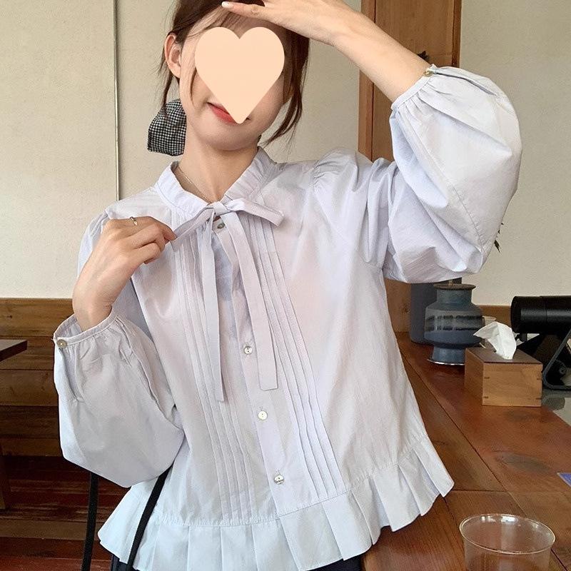 

Women Spring and Autumn Sweet Bow Tied Puff Sleeve Shirt Top Short Sweet Shirt 3XL синій