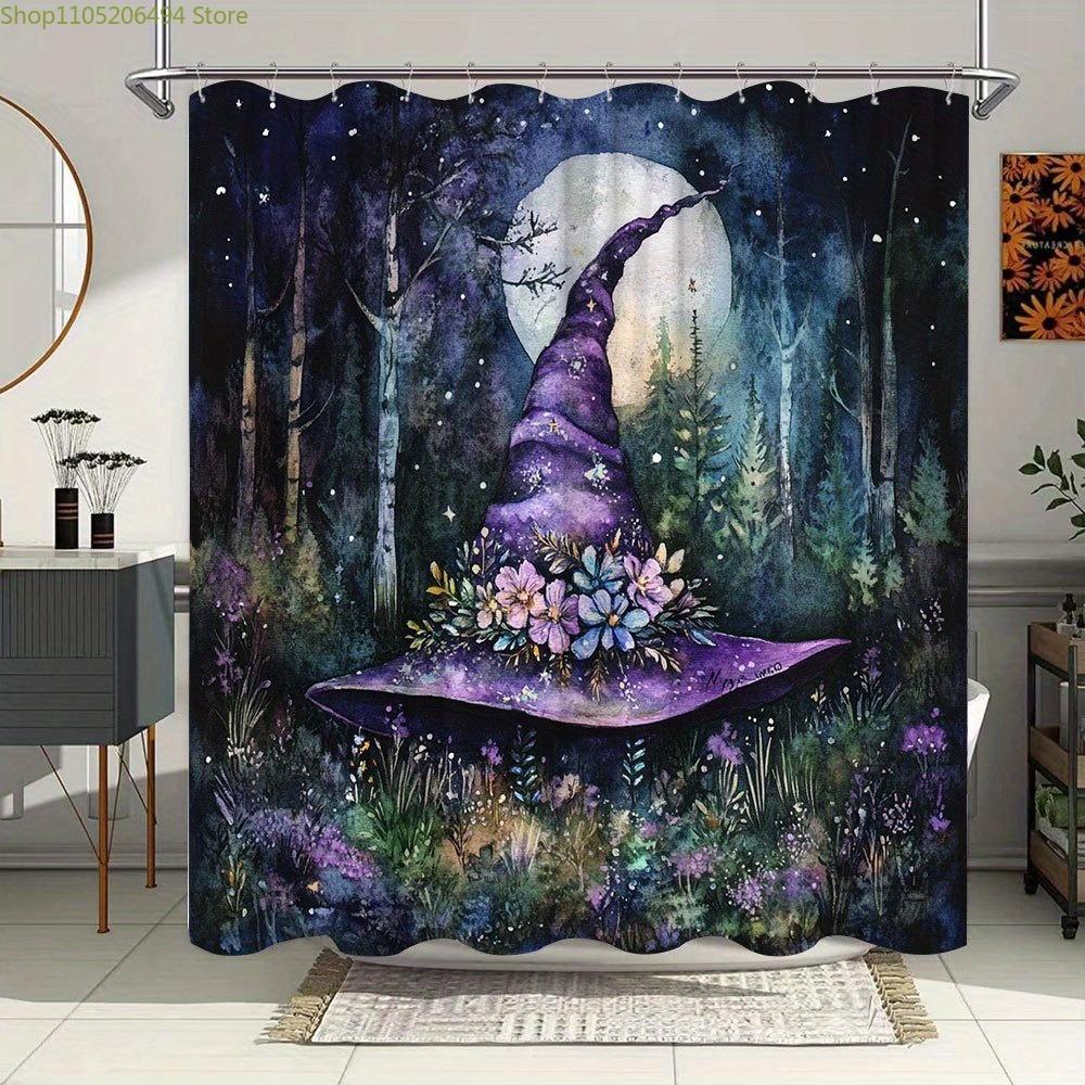 1pc Witch Hat Shower Curtain - Magical Bathroom Decor with Purple Witch Hat, Moonlit Forest, Floral Accents - Extra Long 70x70
