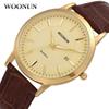 Fashion Casual Business Watch Men Gold Watches Brown Leather Band Auto Date Quartz Wristwatches Ultra Thin Mens Watches