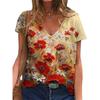 Sommer V-hals 3D Blomstertrykt Topp Moteable Casual Kortermet Dame T-skjorter