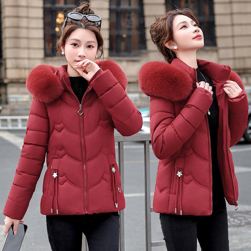 Damen Kurze Kapuzen-Winddichte Dicke Warme Winterjacke mit Großem Fellkragen