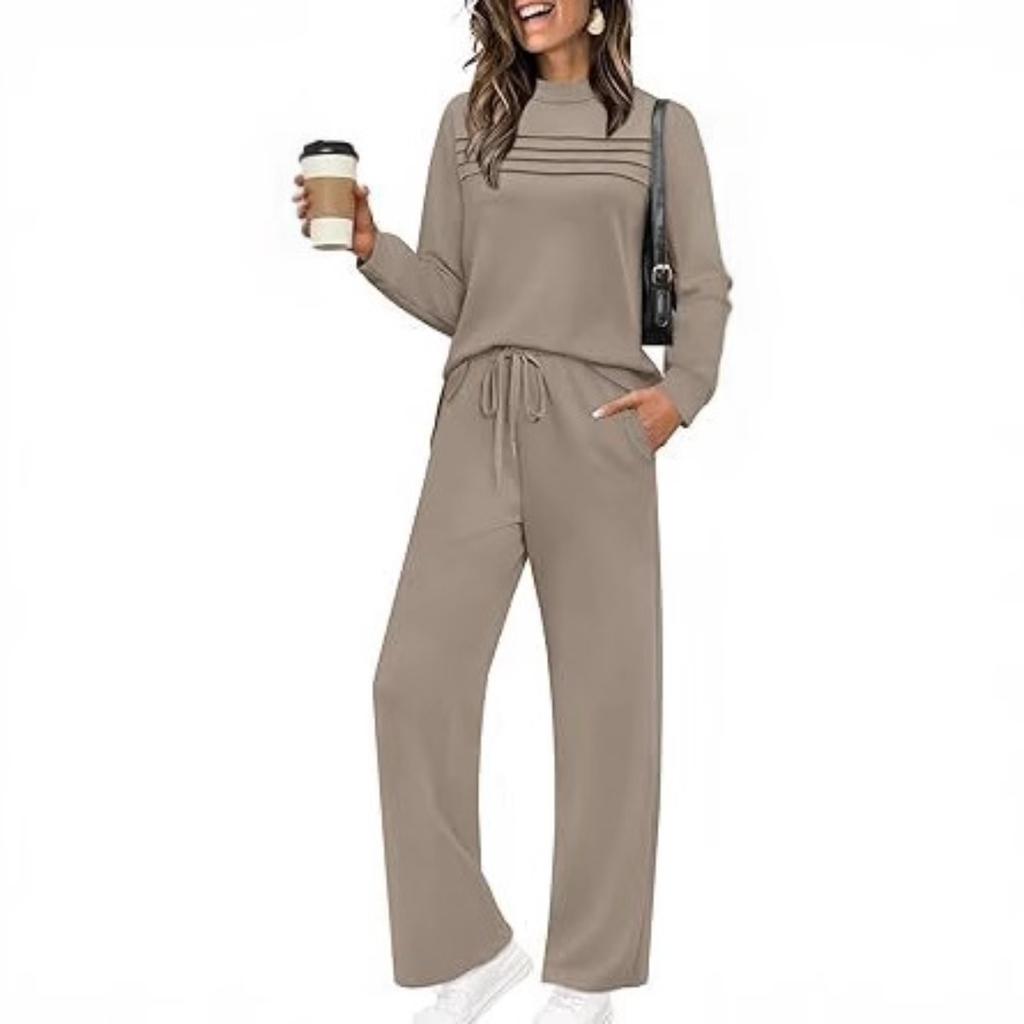 Ensemble de détente ample pour femme Sweatshirt rayé à manches longues et col rond Pantalon large à cordon de serrage