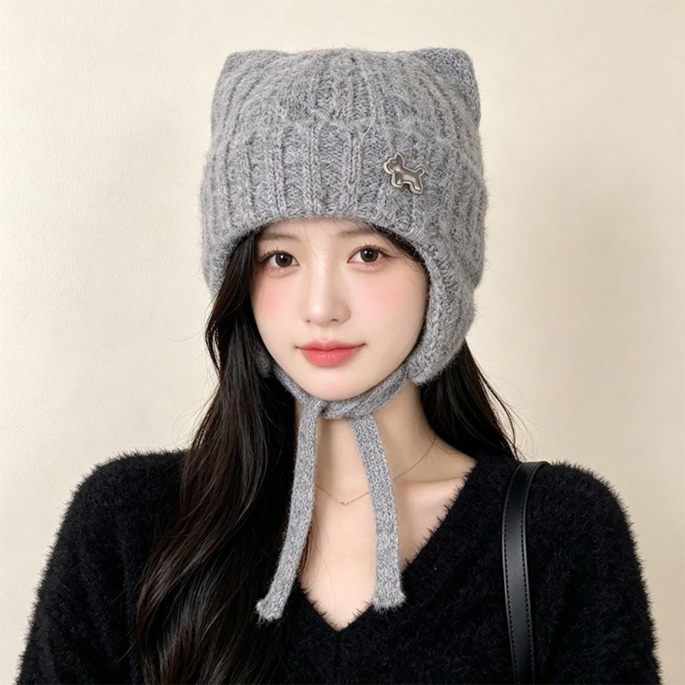 Chin Strap Cat Ear Knitted Hat 55cm To 60cm Circumference Earflap Hat  Snow Weather