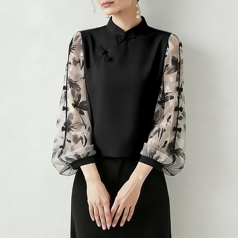 ZANZEA Women Casual Stand Collar Floral Print Mesh Splice Long Sleeve Blouse S чёрный