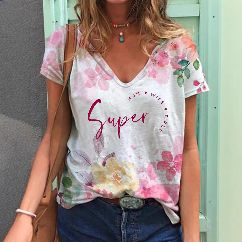 Summer V-neck 3D Mother's Day Alphabet Flower Printed Top Fashionable Casual Short Sleeved Women's T-shirts