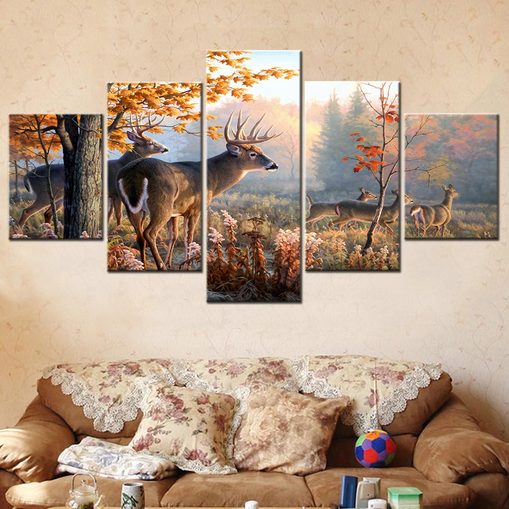 Leinwandbild „Hirsche im Wald“ – Modulares Wandbild für Wohnzimmer, Salon, modernes Wohnambiente