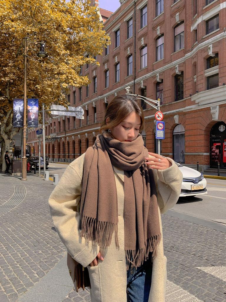 Scarf Women's Autumn and Winter Warm Thickened Cashmere Scarf Versatile Fringed Shawl Korean Version Solid Color Scarf