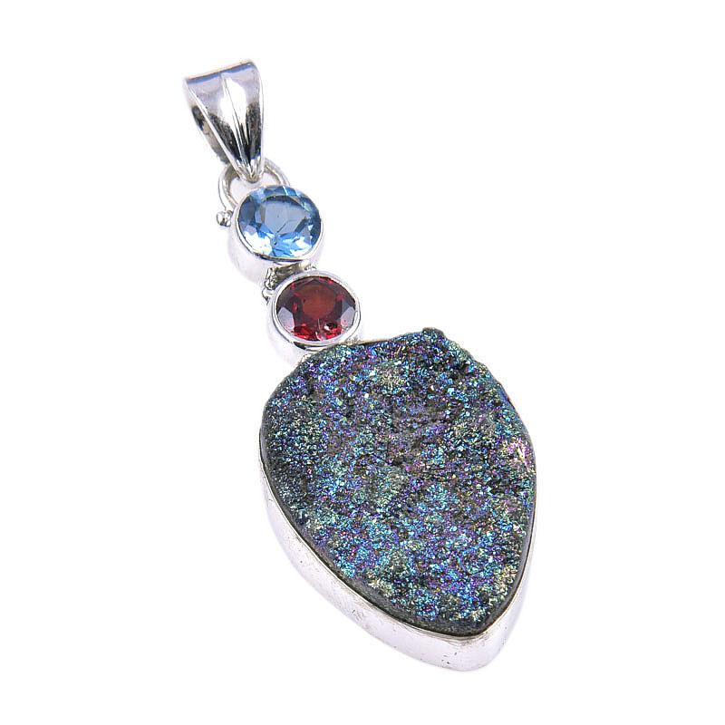 Natural Titanium Druzy,Garnet Gemstone 925 Solid Sterling Silver Pendant 2" u6A71