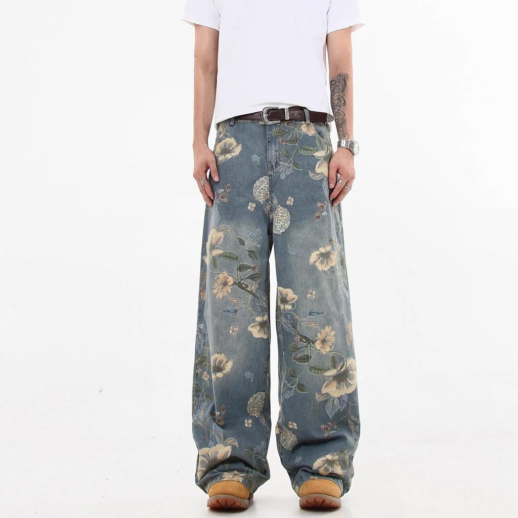 JYL Unisex Flower Print Jeans  Vintage Loose Straight Wide-Leg Denim Pants