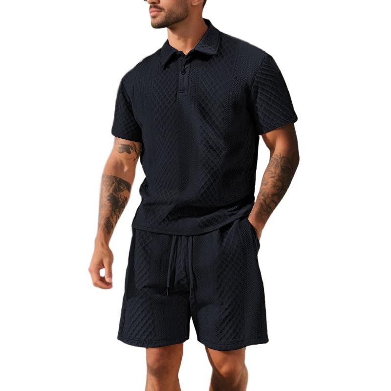 

Men s summer new jacquard cloth men s casual sports thin lapel shirt short-sleeved set XXXL Темно-синій