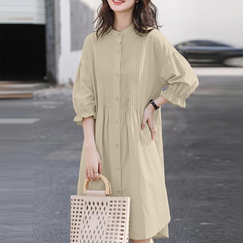 ZANZEA Women Stand Collar Solid Color Loose Long Sleeve Shirt Dress