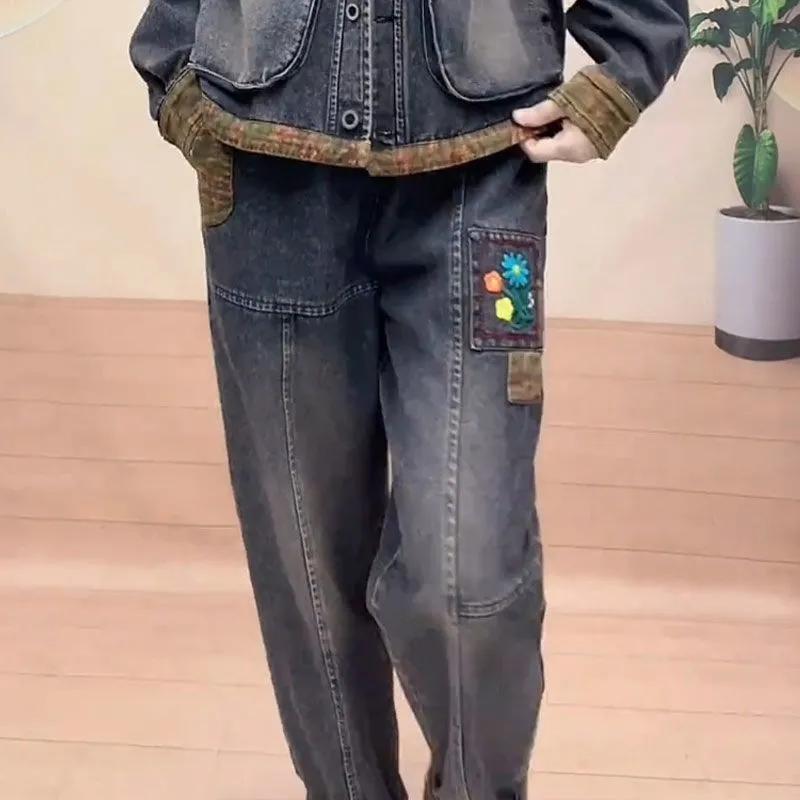 Ensemble deux pièces jean rétro automne pour femme Veste en jean à capuche avec surpiqûres + Pantalon