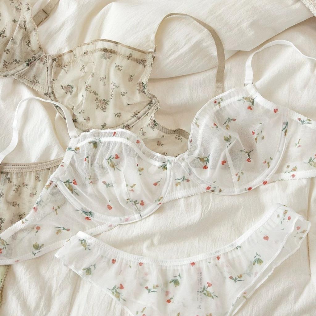 Conjunto de Lingerie Francês Ultra Fino Sexy Renda Estampas Florais Sutiã Moda Roupa Íntima Feminina Malha Respirável Intimidade Conjuntos de Sutiã e Tanga