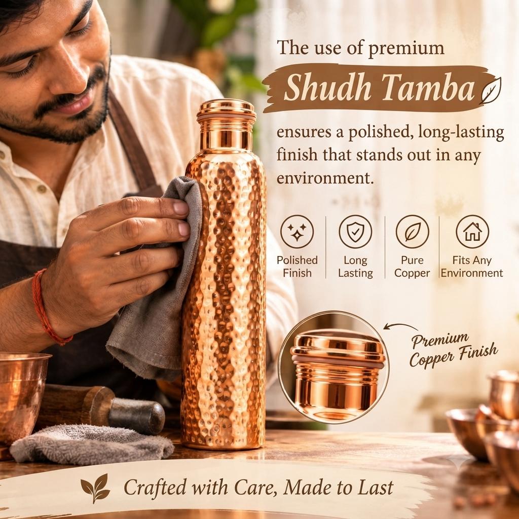 Nirmal Ganga Pure Copper Water Bottle - Traditional Hammered Design, 1 Litre Capacity, Premium Shudh Tamba, Excellent Export Quality pack of 1