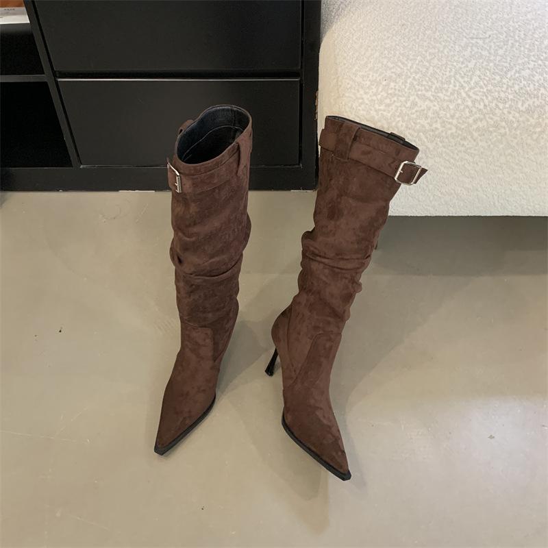 Pointed Thin Heel Skinny Boots Women's Pile Boots Belt Buckle Folded High Heel Boots Skinny Boots