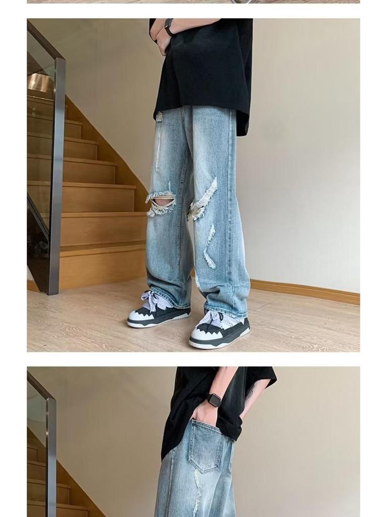 Pánské retro džíny s trháním - Volný střih, Pohledný high street styl, Všestranné široké rovné nohavice