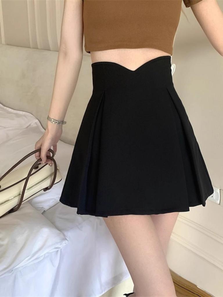 Summer 2024 Women's Black High-Waist Pleated Midi Skirt - Slimming Casual A-Line Bodycon