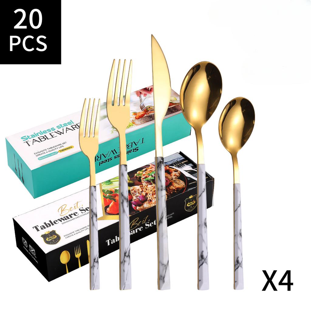 Imitation Wood Handle, Imitation Stone Pattern Knife, Fork and Spoon, Five-piece 430 Stainless Steel Knife, Fork and Spoon Tableware 20-piece Set