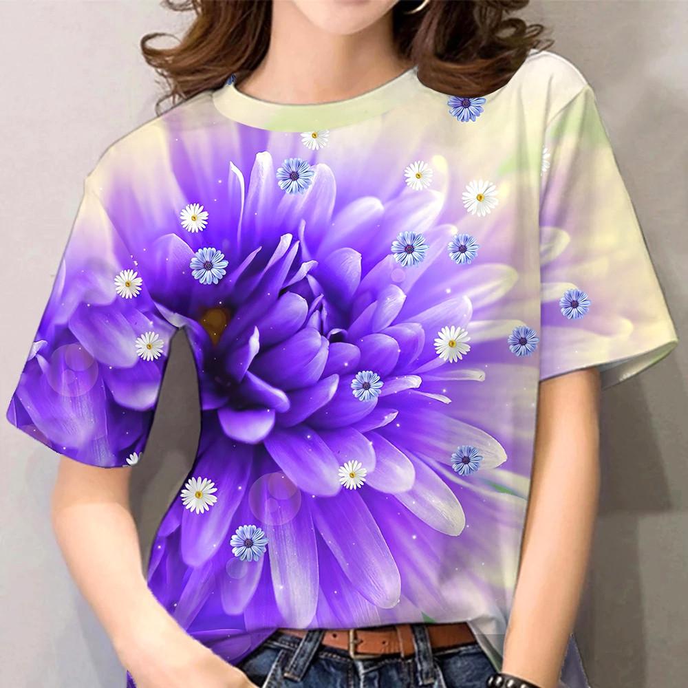 Women's summer 3D floral T-shirt with purple floral print casual short sleeved T-shirt