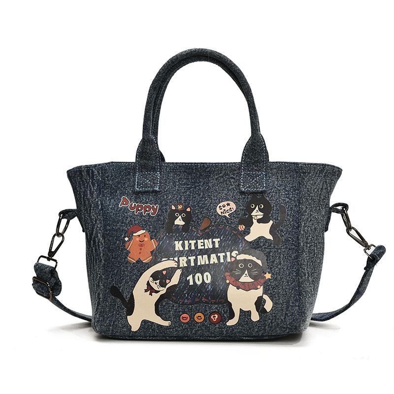 Cartoon Denim Bag Women's New Fashion Portable Tote Bag Casual Large-capacity Bag
