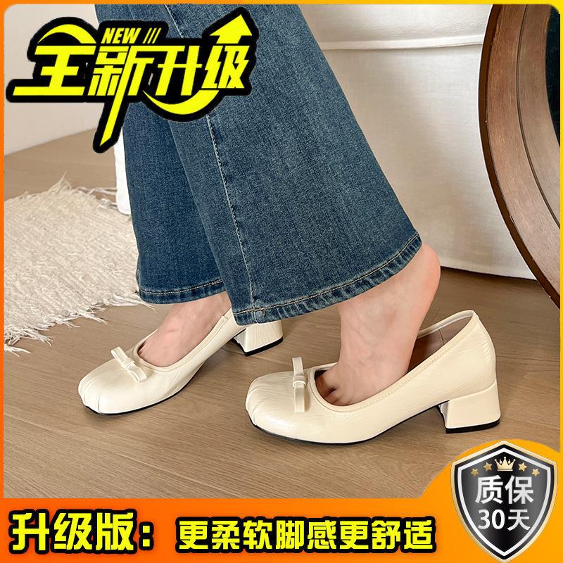 French Retro Light Mouth High Heel Single Shoes Women's 2025 New Summer Bow Flat Grandma Shoes Soft Leather Beanie Shoes
