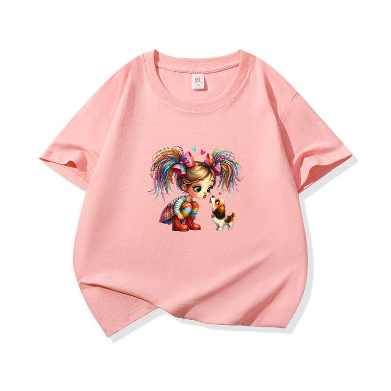 Kids Cotton T Shirt Rainbow Hair Girl Kissing Puppy Dog Print Crew Neck Short Sleeve Tee Casual Boys Girls Summer Tops