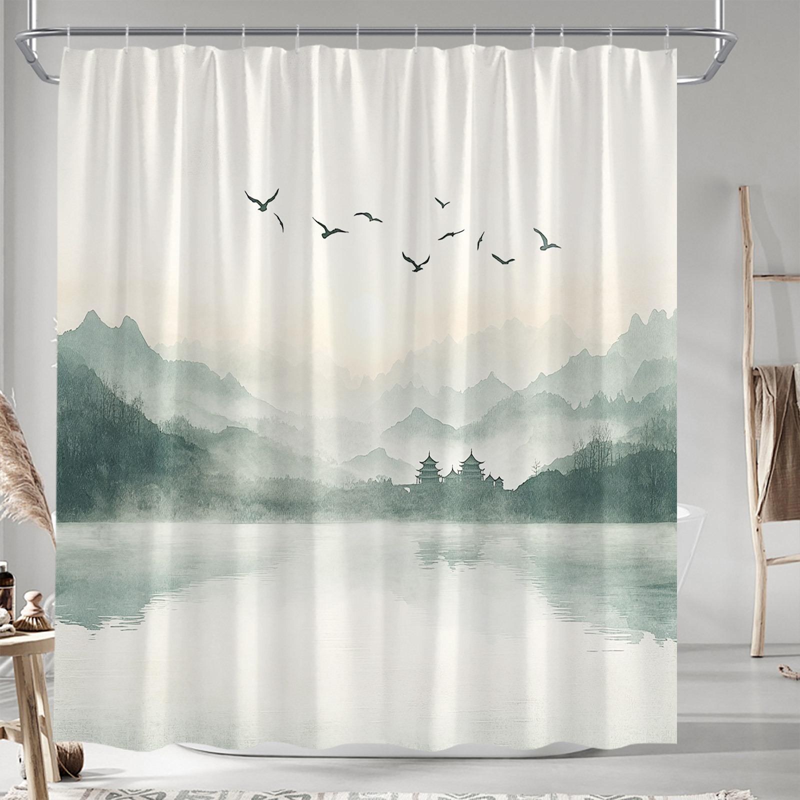 Misty Mountain Sunrise Shower Curtain - Serene Nature Scene with Birds, Machine Washable,12 Hooks, 70.8x70.8In,Modern Bath Decor W90XH180cm