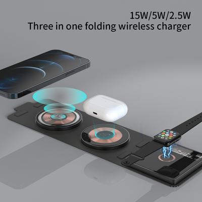 Caricabatterie wireless da viaggio trasparente 3 in 1 da scrivania 15w Supporto di ricarica rapida per Apple Watch/airpods Caricabatterie wireless pieghevole Qi per telefono
