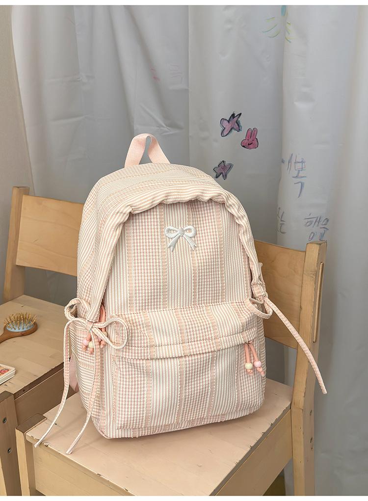 Zaino nebbia di limone texture a righe sequenza fiocco zaino festa studenti dolce ceroso estetico ragazza morbida orologio shopping nello zaino