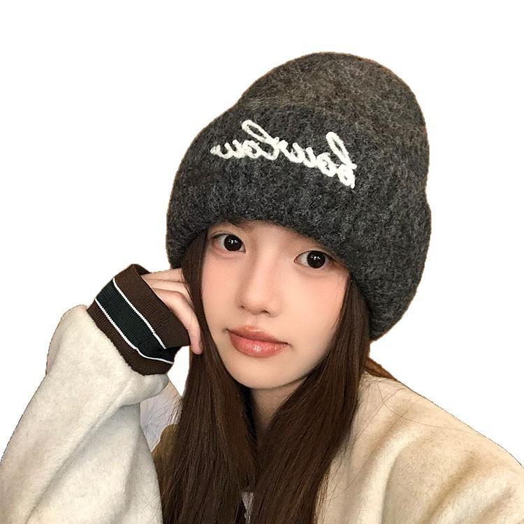 Autumn and Winter Hats for Women American Versatile Letters Piled Hats with Big Heads and Warm Head Hats Outdoor Casual Wool Hats