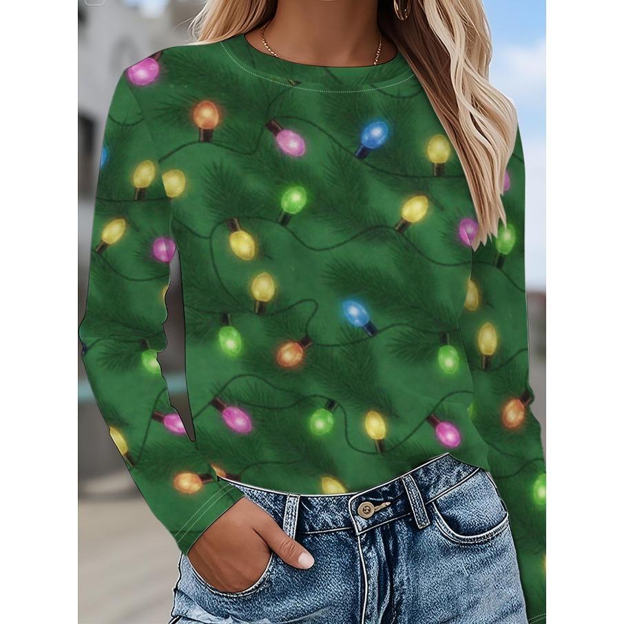 Damen Fashon Polyester Bequeme T-Shirts Sport Weihnachten 3D Druck Locker Rundhals Langarm T-Shirt Top