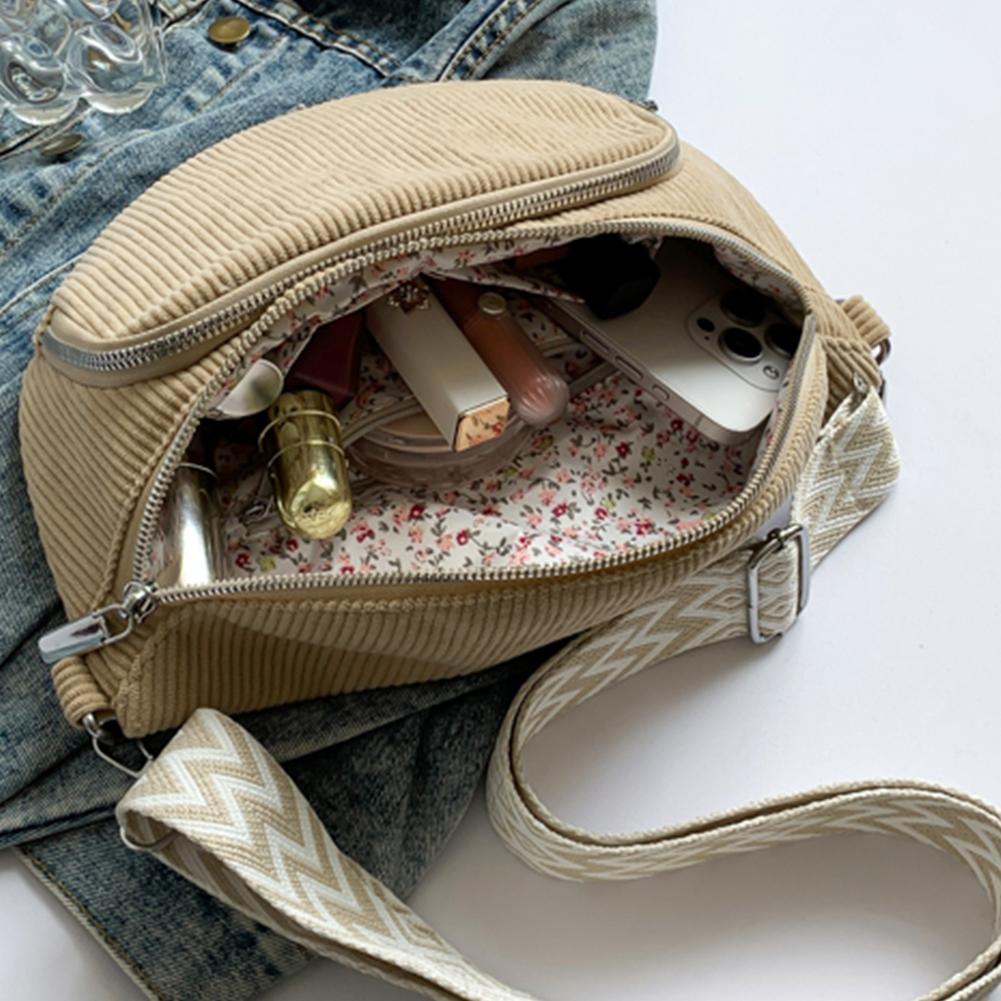 Corduroy Chest Bag Fashion Fanny Pack Wide Guitar Strap Stylish Crossbody Bag Multi-pockets Casual Waist Bag Casual Sports Bag