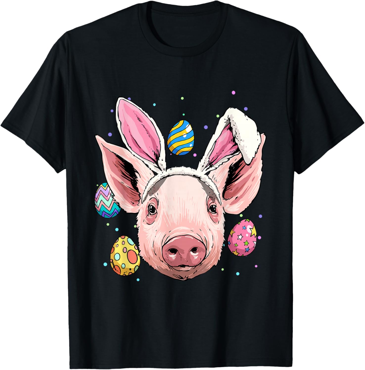 Funny Pig Wearing Bunny Ears Easter Eggs Graphic Tee Casual Cotton Short Sleeve T-Shirt for Men 4XL