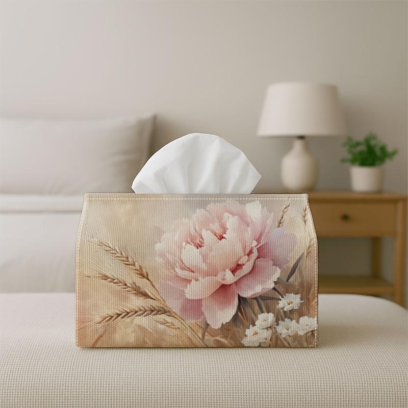 2D Flat, 1pc Pink Peony Wheat Art Tissue Box - Soft Pastel Floral Painting Napkin Storage Box, Suitable for Rolls/facial Tissues/single Sheets, Multi-
