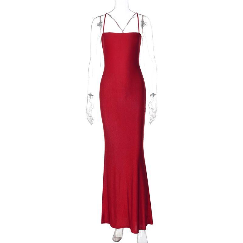 

Fashion Style Sexy Slim Fit Stretch Fishtail Dress Pure Color Flat Mouth Open Back Shoelace Slim Looking Dress Women Red L