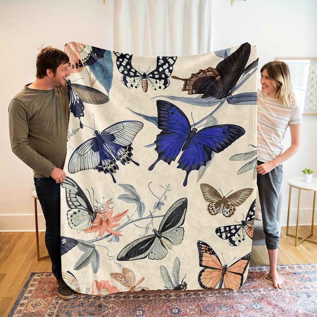 1pc Butterfly Theme Fleece Blanket - Soft & Breathable Polyester, All-Season Lightweight with Blue Orange Black White Butte