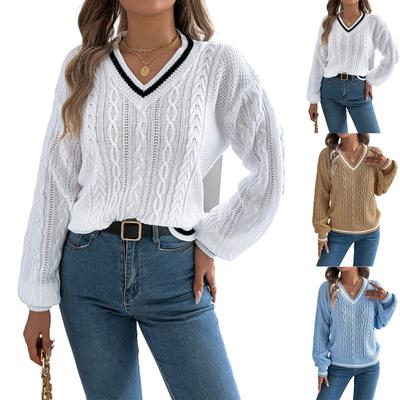 Damen Farbblock V-Ausschnitt Langarmpullover