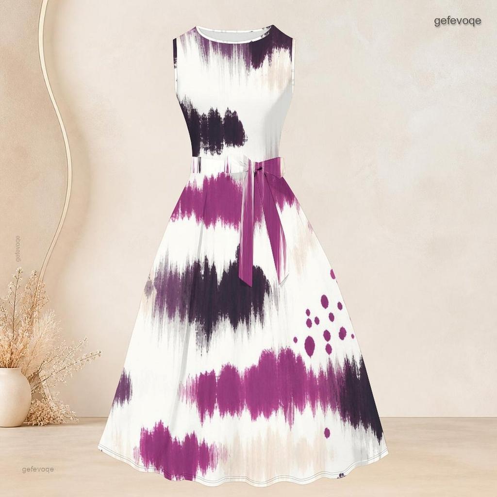 Women Plus Size Two Piece Set Round Neck Sleeveless Tie Waist Flared Dress 3 4 Sleeve Open Cardigan Printed