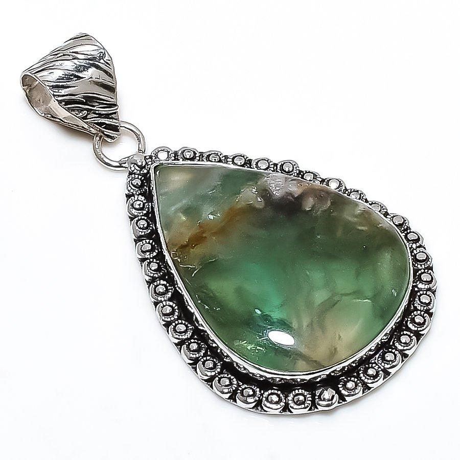 Green Fluorite Gemstone Handmade 925 Sterling Silver Jewelry Pendant 2.17" SU-10744
