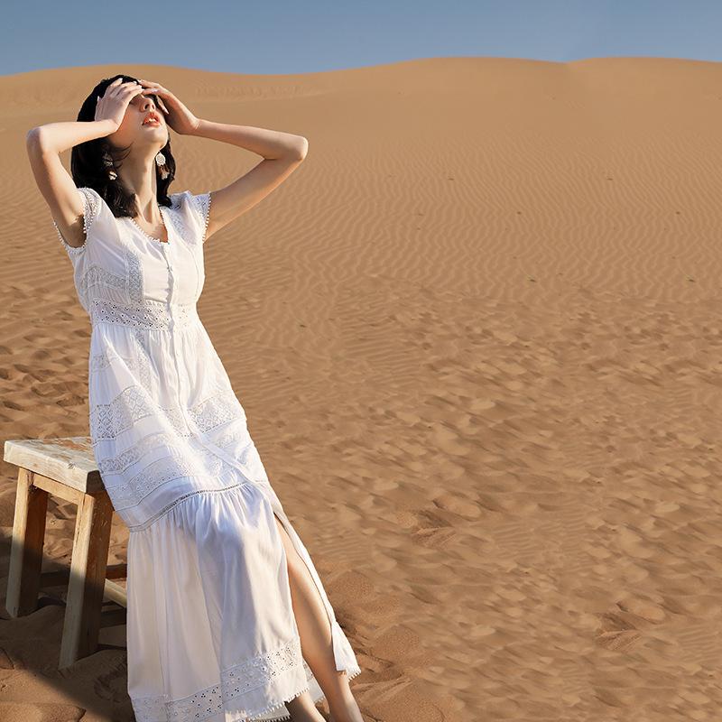 White Lace Mid-Length V-Neck Travel Dress - Korean Style 2025