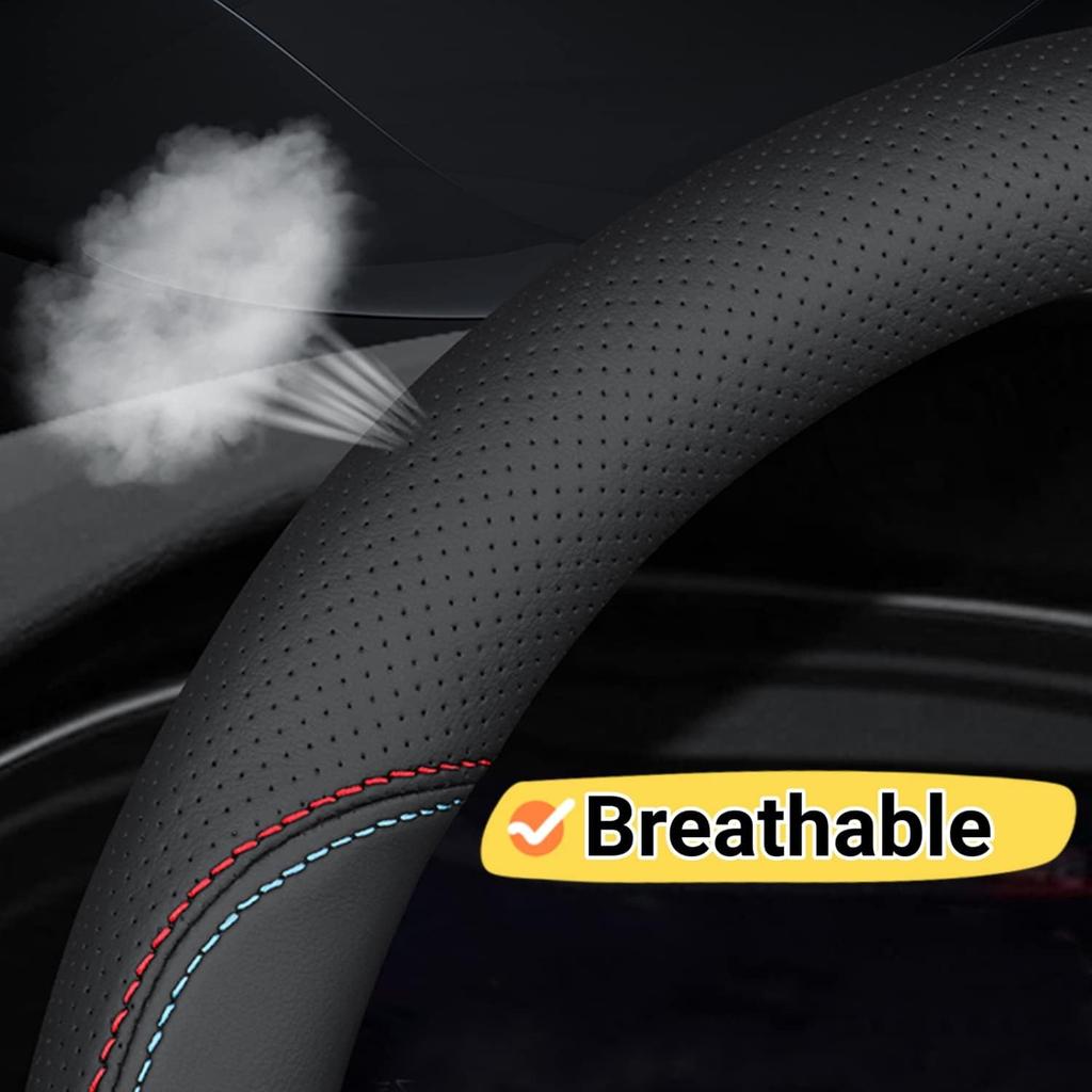 Car Steering Wheel Cover Compatible With Toyota RAV4 2025 2024 2001- Year, Breathable Premium Leather, Anti-Slip Design, B-Style