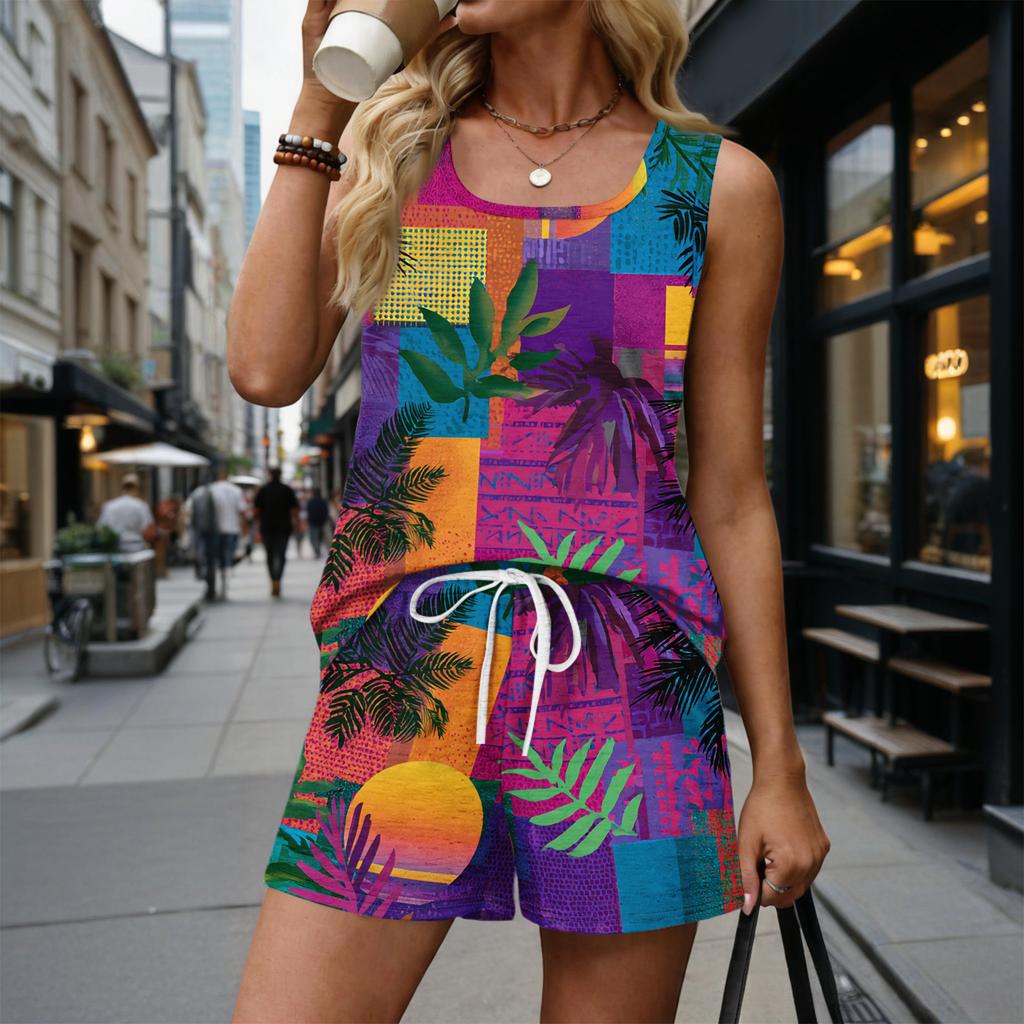 Women's Summer Casual Shorts Two-Piece Set, Hawaiian Print Vest, Square Neck Sleeveless Sports Shirt with Pockets