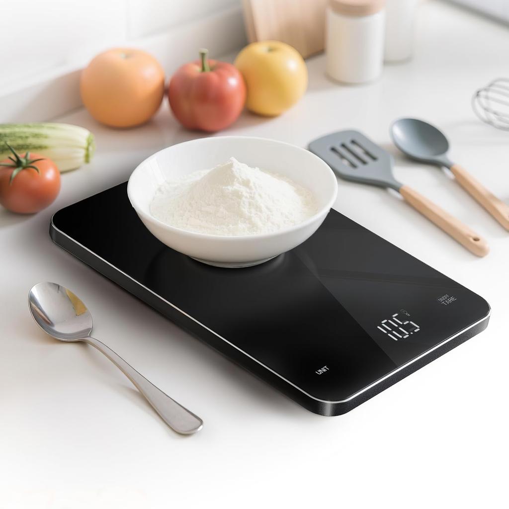 7JI Kitchen Scale, Digital, 5kg0.1g, Ultra-thin 1cm, USB-C Rechargeable, Aluminum Alloy Frame, Tempered Glass, for CookingBaking, Black